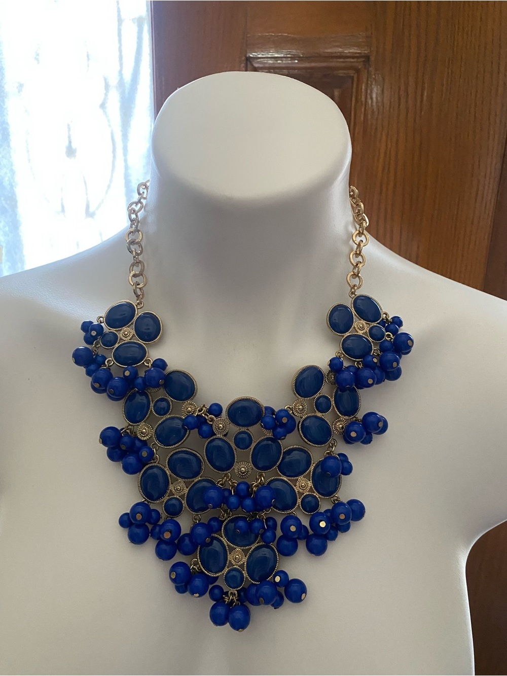 Statement Bib Necklace in Royal Blue with Gold Accents